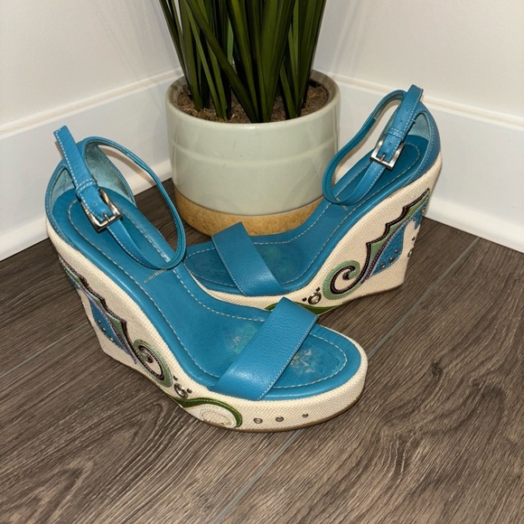 Prada Seahorse Wedge Platform Sandals Leather Green Blue - Picture 2 of 14